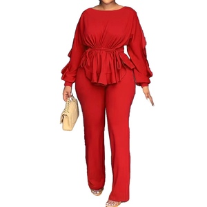 Conjunto de 2 Piezas para Mujer, Elegante, Elástico, con Cordón Ajustable, Manga Larga, Cintura Definida, Top y Pantalones, a la Moda - Product Image 1