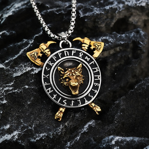 Pendentif Viking en acier inoxydable avec tête de loup et double hache pour homme, collier à thème animal géométrique, bijoux cadeau - Product Image 2