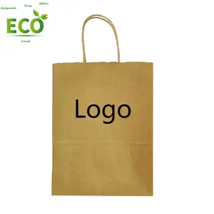 गोल रस्सी पर्यावरण अनुकूल शॉपिंग बैग के साथ कस्टम मुद्रित पुनर्नवीनीकरण ब्राउन क्राफ्ट पेपर बैग