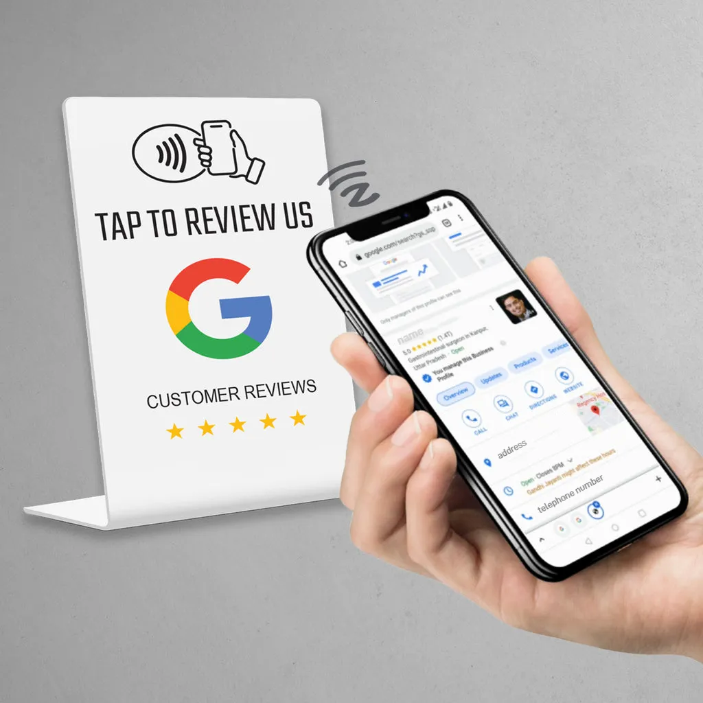Aangepaste Qr Code Google Review Acryl Nfc Stand Touchless Nfc Display Om Te Scannen Op Google Review Uv 13.56Mhz Menu Stand