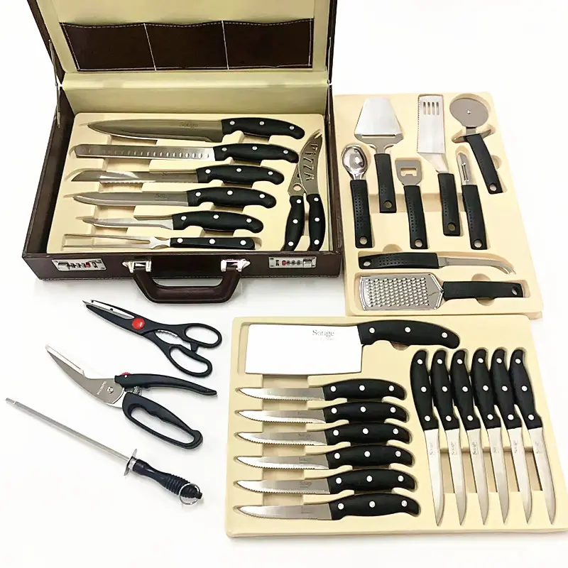 Pisau Koki Stainless Steel 32 PCS, Pemotong Kustom 7.5 Inci Pisau Steak Dapur Set 32 PCS dengan Koper