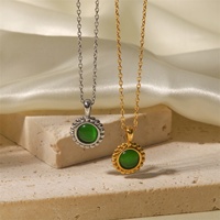 Collar con Colgante Redondo de Acero Inoxidable Dorado con Piedra Natural Verde Ojo de Gato Ovalada para Mujer, Venta al Por Mayor
