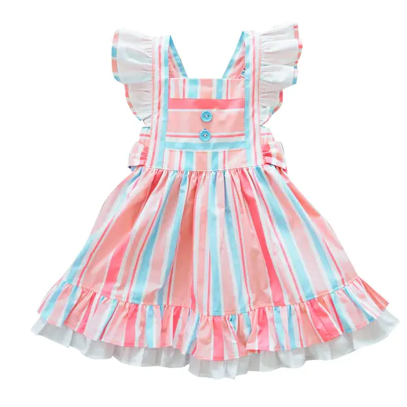 boutique customized summer small flying sleeves ruffle baby girl dresses stripe print ruffle hem pink kids dresses for girls