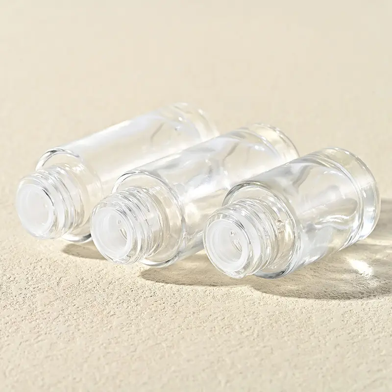 Garrafa vazia de óleo essencial transparente 20ml 30ml 1oz frascos de vidro de soro com fundo grosso conta-gotas branco