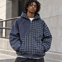 Sweat à capuche zippé pour homme, style streetwear, patchwork à carreaux, color block, coupe oversize, avec logo personnalisé