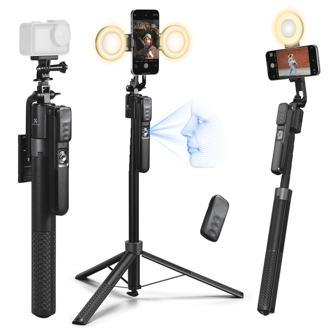 K&F Concept 71'' Auto Face Tracking Tripod 360° Rotation Selfie Stick with 2 Fill Lights Gesture Remote Control for Vlogging