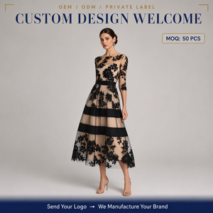 Vestido Midi de Tul con Apliques de Encaje Negro Personalizado, Detalle de Banda de Satén, Forro Color Piel, Superposición Transparente, Falda en Línea <span class=keywords><strong>A</strong></span> - Product Image 1
