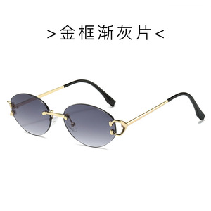 Lunettes de soleil ovales sans monture UV400, mode féminine, protection solaire, verres bleus - Product Image 3