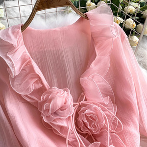 <span class=keywords><strong>Chic</strong></span> doux dames robe fleur à volants col en V robe Sexy femmes <span class=keywords><strong>fantaisie</strong></span> robe courte rose - Product Image 3