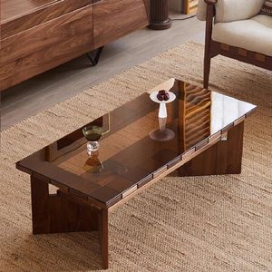 Solid <b>Wood</b> Coffee <b>Table</b> With Tempered Glass Top Rectangular Nordic Japanese Style <b>Small</b> Apartment Durable Design - Product Image 1