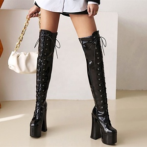 Patent Black Warm Comfortable High Heel Shoes Chunky Heel Platform Women Over the Knee <b>Boots</b> Front Lace-up Size Zipper - Product Image 5