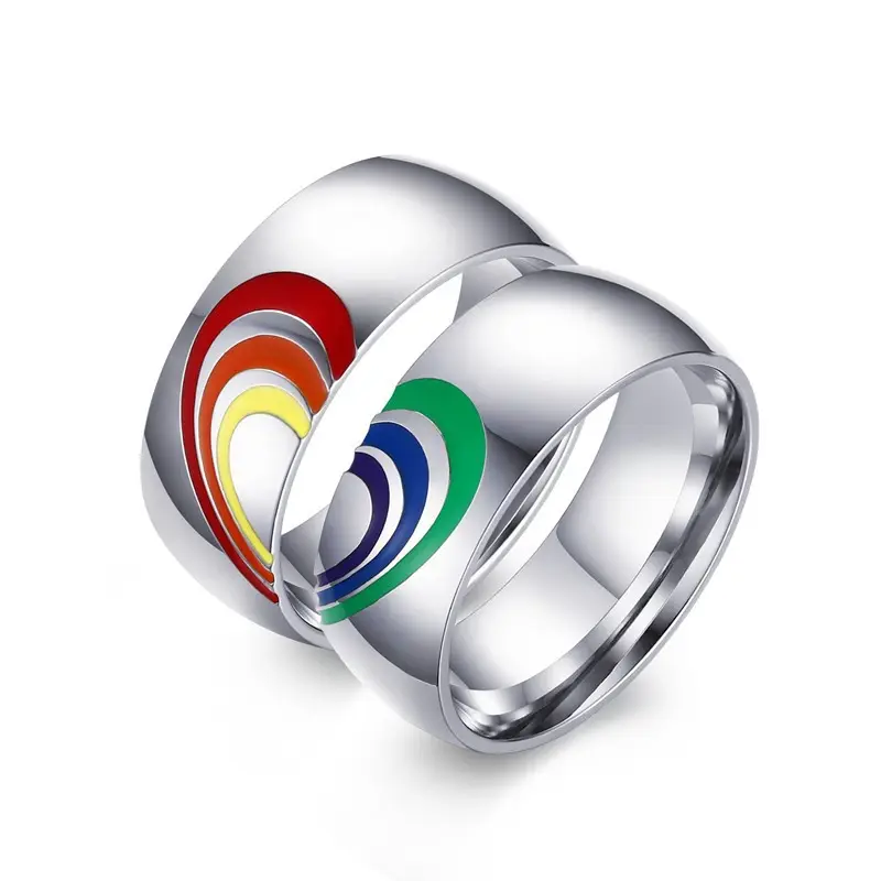 High Quality Stainless Steel Oil Drip Half Heart LGBT Pride Couple Rings Rainbow Enamel Heart Couple Ring for Lover