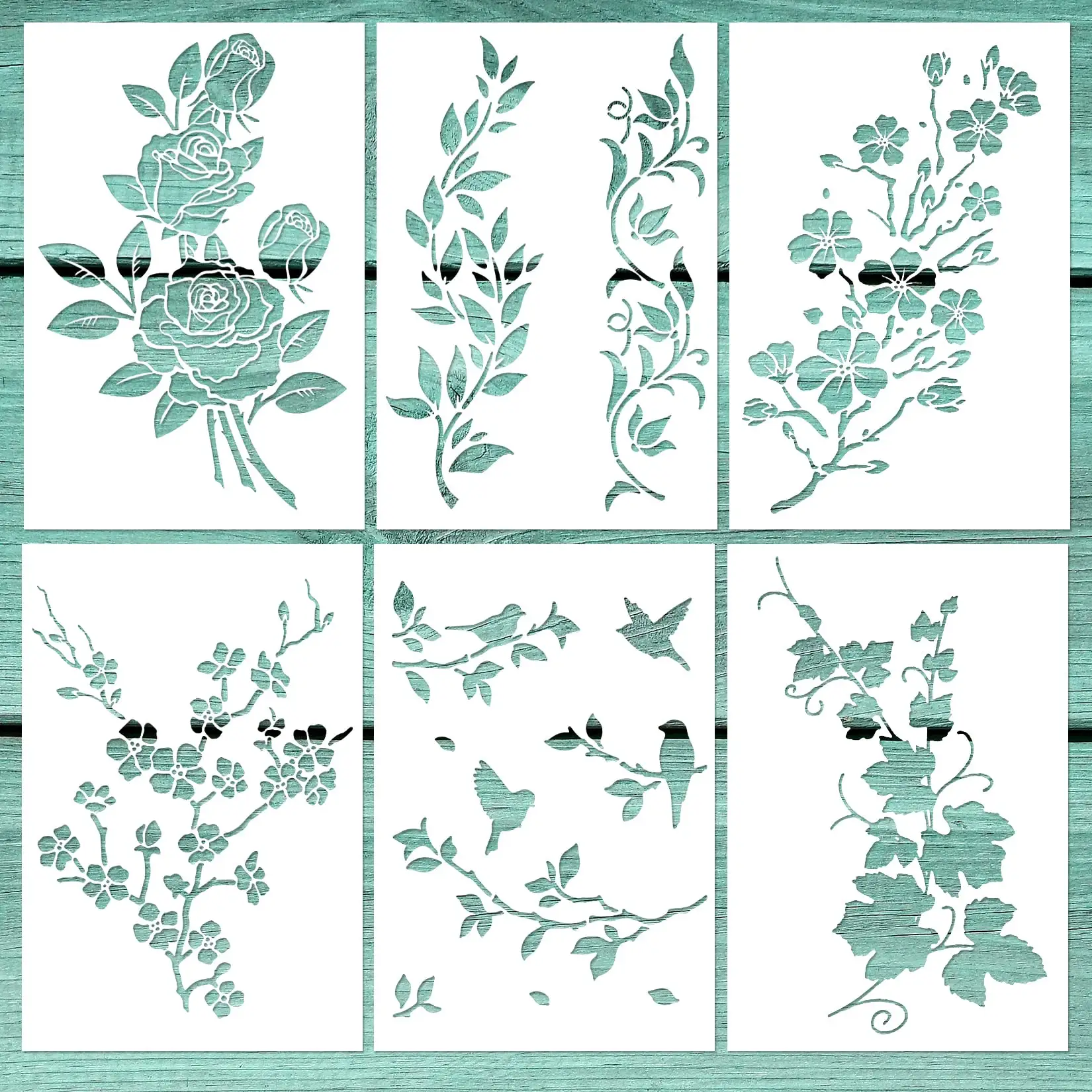6 पीसीएस ए4 बेल का पत्ता गुलाब स्टैंसिल चेरी ब्लॉसम स्टैंसिल पक्षी पेड़ शाखा स्टैंसिल पुन: प्रयोज्य पुष्प फूल टेम्पलेट
