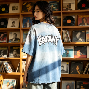 Custom Gradient Blue Distressed Heavyweight Tee <strong>Men's</strong> <strong>Clothing</strong> <strong>Manufacturer</strong> 100% Cotton Unisex 240gsm Oversized T-Shirt - Product Image 1