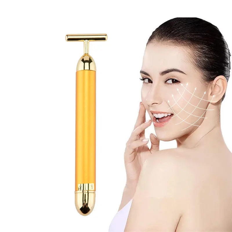 Barra de masaje Facial de oro de 24k, masajeador con rodillo vibrador para el cuidado de la piel, con forma de T