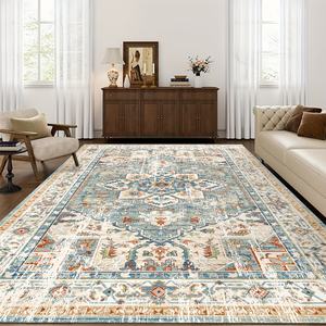 พรมปูพื้นลายมุสลิมแบบวินเทจโบราณ ผลิตจากกำมะหยี่เปอร์เซีย ทอแบบแบนด้วยเครื่องจักร ด้านหลังทำจาก TPR ขนาด 3x5 ฟุต สีน้ำเงิน รูปทรงสี่เหลี่ยม ซักได้ เหมาะสำหรับใช้ในบ้าน - Product Image 1