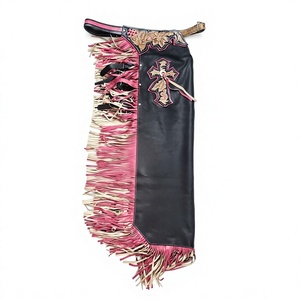 Chaps de Rodeo en Cuir Noir et Rose de Qualité Supérieure, Faits à la Main, avec Longues Franges Multicolores et Applique en Croix - Product Image 1