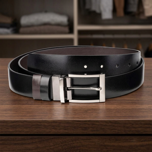 Ceinture réversible en cuir véritable, cuir de vache, couleur unie, boucle à ardillon rectangulaire argentée, style formel - Product Image 4