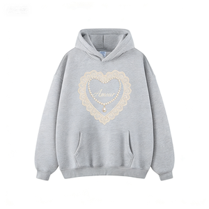 Sweat à capuche en molleton de coton surdimensionné gris clair lavé avec imprimé floral romantique de vignes, motif <span class=keywords><strong>rose</strong></span> pastel doux et accent cœur - Product Image 3