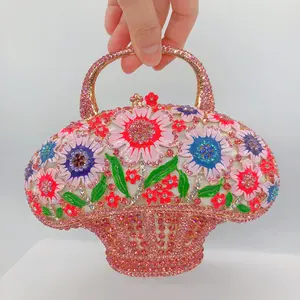 NEW Metal Crystal Handbags Rhinestone Flower Bucket Clutch Shoulder Purse Evening Bac