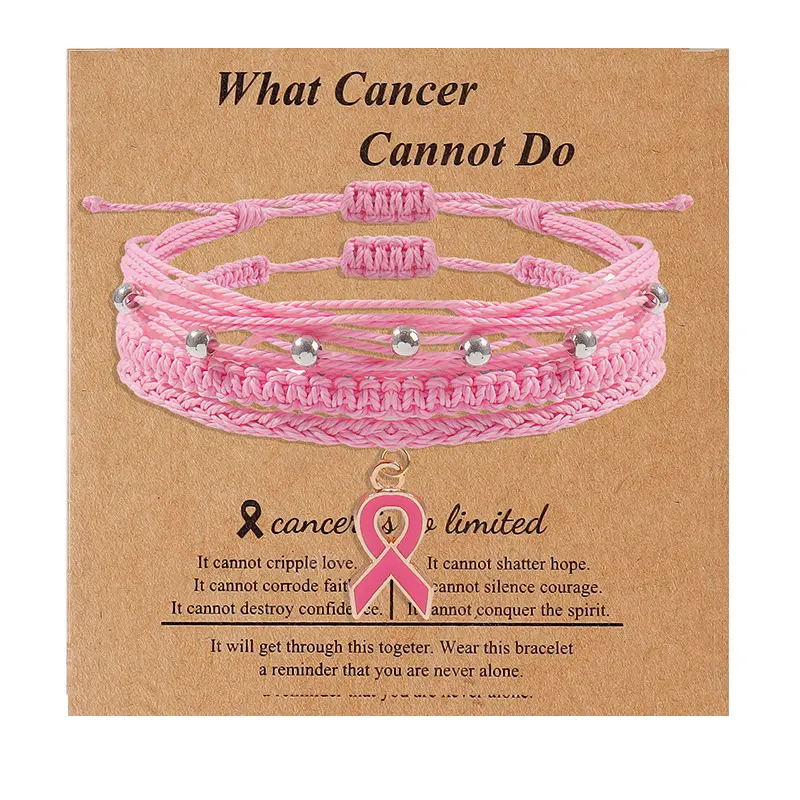 Ajustável Multi-camada Macramé String Pink Ribbon Cancer Symbol Pulseiras Mão Woven Wax Cord Breast Cancer Awareness Pulseiras