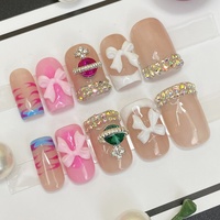 Uñas Postizas Acrílicas Reutilizables con Decoración 3D Brillante, Estilo Y2K, Lindas y Modernas, Forma Ataúd Cuadrada, Hechas a Mano