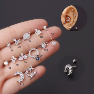 Boucles d'oreilles piercing en acier inoxydable avec barre de 0,8 mm en CZ |   Assortiment de clous d'oreille en cartilage pour hélix, tragus, lobe, pièces individuelles, pour mariage - Product Image 1