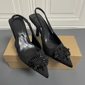 Chaussure salto feminino preto, sapato de strass para mulheres