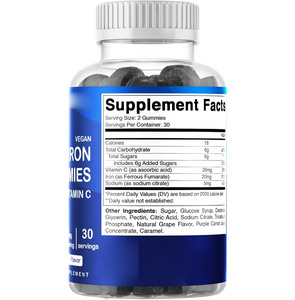 Complément alimentaire en gommes de fer pour femmes, hommes et enfants, 20 mg par portion, 60 gommes végétaliennes, excellent <span class=keywords><strong>goût</strong></span>, avec vitamine C, durée de conservation de 2 ans - Product Image 2