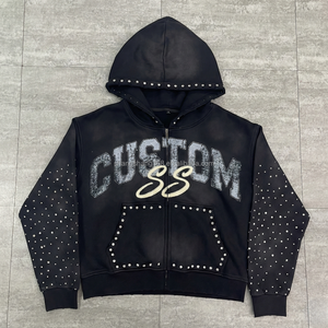 เสื้อฮู้ดดี้ผู้ชายผ้าฝ้ายเฟรนช์เทอร์รี่แบบกำหนดเอง หนัก 500gsm พิมพ์ลาย DTG ล้างสีแบบแอซิดฟอก แต่งลายปักแบบแอพพลิเค่ ประดับด้วยคริสตัล - Product Image 1