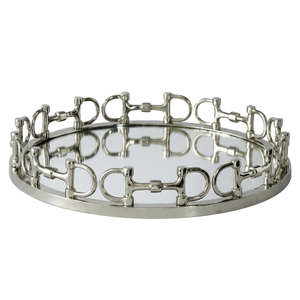 Plateau rond de luxe en argent miroir avec cadre mors de cheval, pour le rangement de friandises gourmandes, vaisselle de table festive, vente en gros - Product Image 1