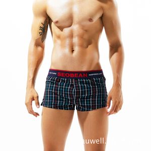 SEOBEAN Wholesale Men's Plaid Print Pattern Woven Knitted Home Pants Large Flat Angle Fashion Briefs <strong>Boxers</strong> with Logo on Waist - Product Image 1