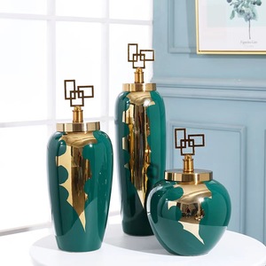 Dark Green With Gold Porcelain Luxury Home Decoration Vase Set with Metal Lid