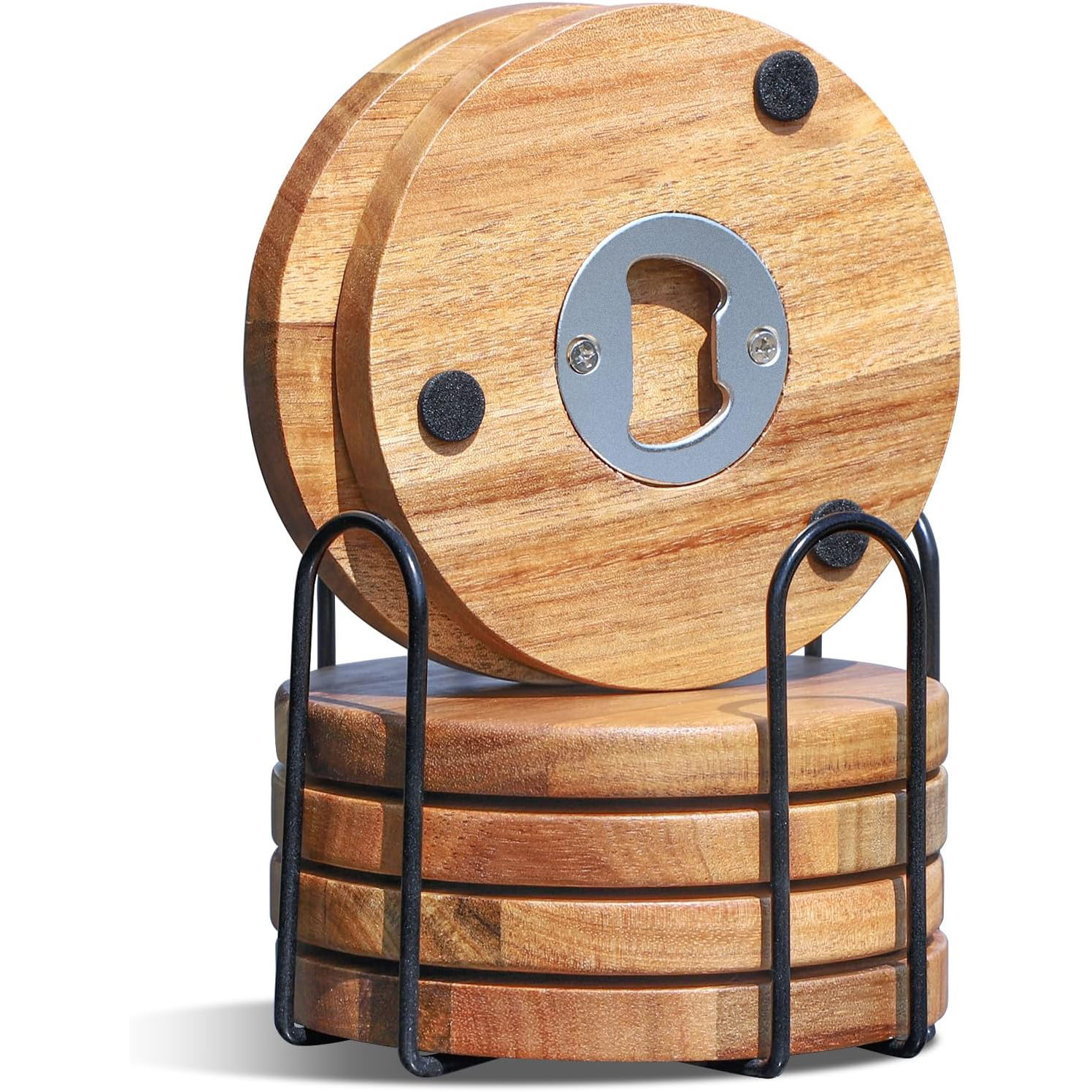Wood Coasters for Drinks With Bottle Opener Holder Set of 6, Acacia Wooden  Coasters for Coffee Table Dining Table Desk