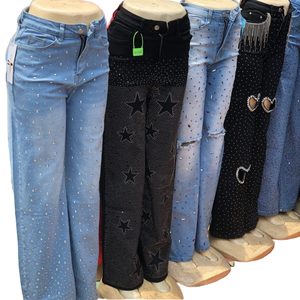 Jeans da donna a vita alta, vestibilità ampia, estivi, in denim lavorato a maglia, casual, stile cargo, <span class=keywords><strong>boyfriend</strong></span>, con strass, antipiega - Product Image 1