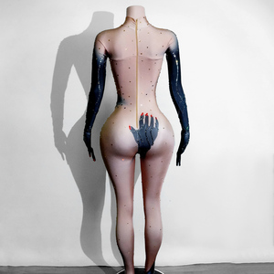 Catsuit Sexy in Cotone Spandex con Stampa Mani Nude e Strass per Donna, Ideale per Festival Elettronici, Danza, Servizi Fotografici, Star del Pop e Sfilate sul Palco - Product Image 3