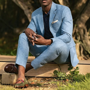 <span class=keywords><strong>Traje</strong></span> de lino <span class=keywords><strong>azul</strong></span> <span class=keywords><strong>claro</strong></span> de verano para <span class=keywords><strong>hombre</strong></span>, 2 piezas, corte ajustado, blazer con solapa de muesca y pantalones de corte recto para negocios y bodas - Product Image 3