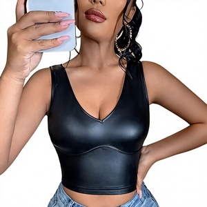 Nouveau débardeur court sans manches en cuir PU pour femme, col en V, coupe ajustée, style décontracté, streetwear, clubwear, prêt à être expédié - Product Image 4