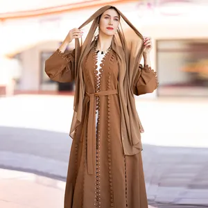 Loriya Fashion pakaian Islami kardigan Kimono terbuka Abaya dengan manik-manik di depan untuk Muslim wanita Abaya
