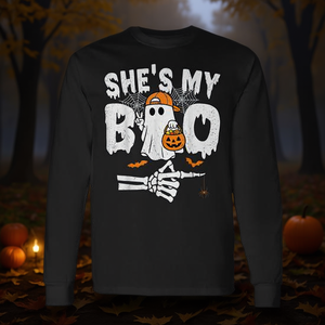 She's My Boo Halloween T-shirt à manches longues pour couples, design fantôme assorti - Product Image 3