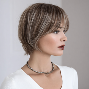 2026 人気のゴールデンブラウン劉海ウィッグ 女性用ショートストレートボブヘッドウィッグ 透明レース付き SM166-6 - Product Image 3