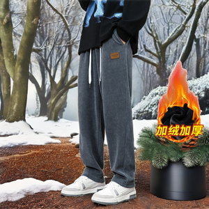กางเกงวอร์มลำลองผู้ชาย ANSZKTN สำหรับฤดูใบไม้ร่วง/ฤดูหนาว ทรงปกติ เอวกลาง ผ้าฟลีซทอหนา กันลม มีเชือกผูก สีเทา - Product Image 2