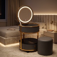 Coiffeuse moderne pour chambre d'hôtel/appartement en acier inoxydable et pin avec panneau de maquillage, miroir éclairé LED 3 couleurs et téléphone sans fil