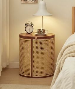 طاولة مستديرة بنمط طبيعي مع حافة خشب الروطان المنسوجة ، طاولة نهاية لغرفة المعيشة وغرفة النوم - Product Image 2