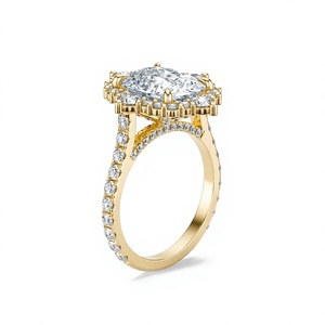Anillo de Compromiso de Oro Amarillo de 14K con Diamante Cultivado en Laboratorio de 3.5 Quilates, Corte Brillante, Halo Floral, Engaste de Puntas, Personalizado - Product Image 3