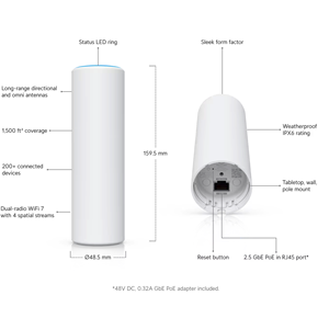 Ubiquiti U7-Mesh Wi-Fi 7 ดูอัลแบนด์ 2.5GbE จุดเชื่อมต่อแบบ Mesh ภายใน/ภายนอกอาคาร UBNT U7-Mesh จุดเชื่อมต่อภายใน/ภายนอกอาคาร Ubiquiti U7-Mesh W1202 - Product Image 4