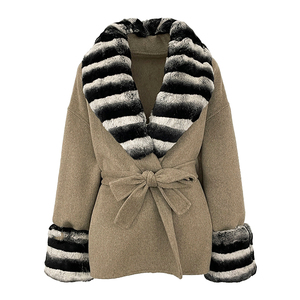 Abrigo de Primavera Elegante e Informal para Mujer, Tejido de Lana de Doble Cara, con Cuello y Puños de Piel de Conejo Rex Teñida de Chinchilla, Cinturón, Chaqueta Gruesa - Product Image 4