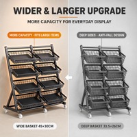 Mobiele producten displayrek 4-laags zwart metalen standaard met wielen schuine manden fruit groente opslag voor supermarkt