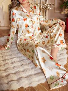 <span class=keywords><strong>Pigiama</strong></span> da <span class=keywords><strong>donna</strong></span> all'ingrosso con colletto lungo, set loungewear due pezzi in raso liscio stampato con motivo carino - Product Image 3