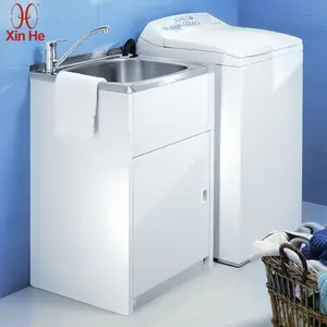 Mobiletto per lavanderia bianco in acciaio inossidabile commerciale autoportante con lavabo